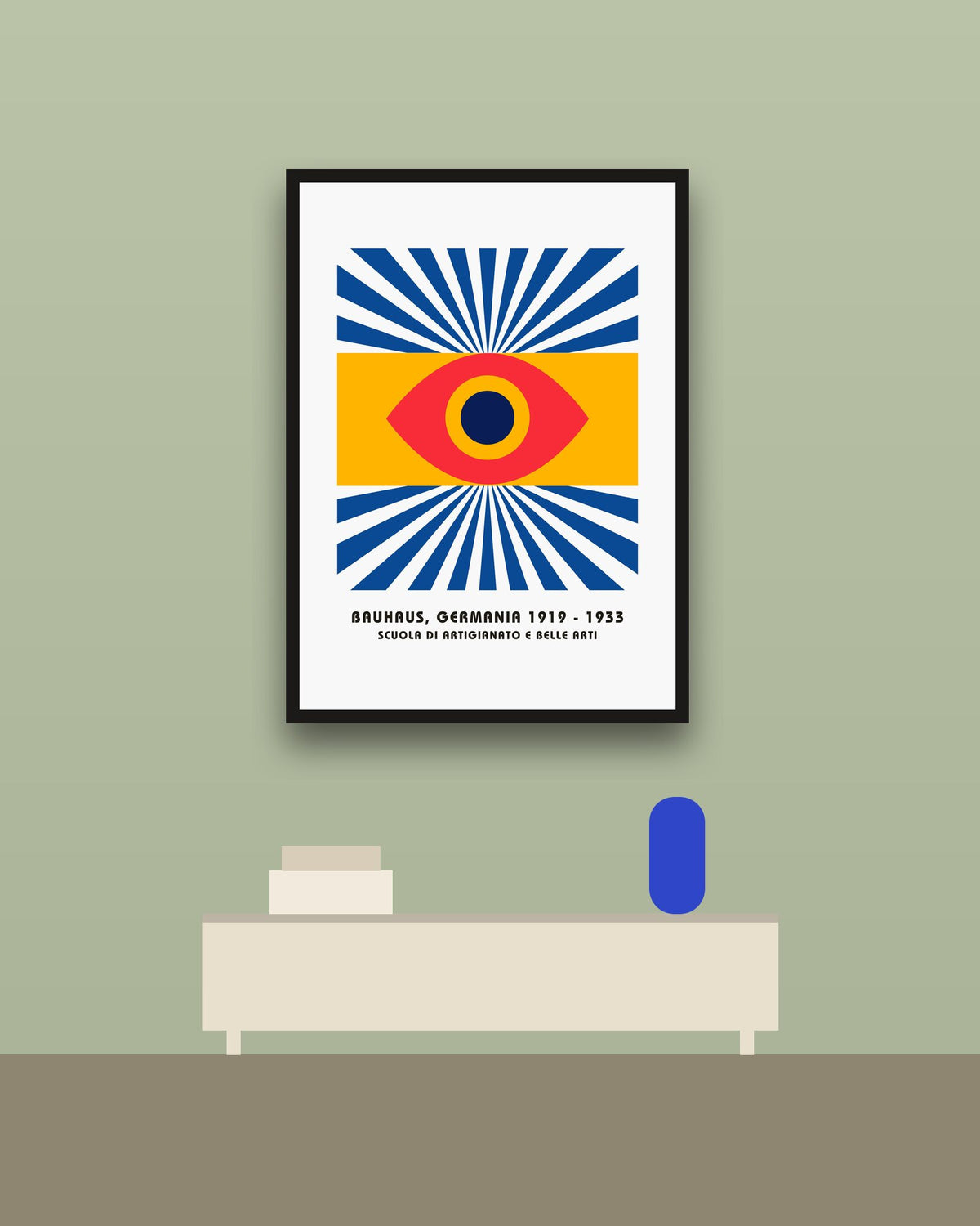 Bauhaus 3 en una pared verde con marco negro (imagen ilustrativa)