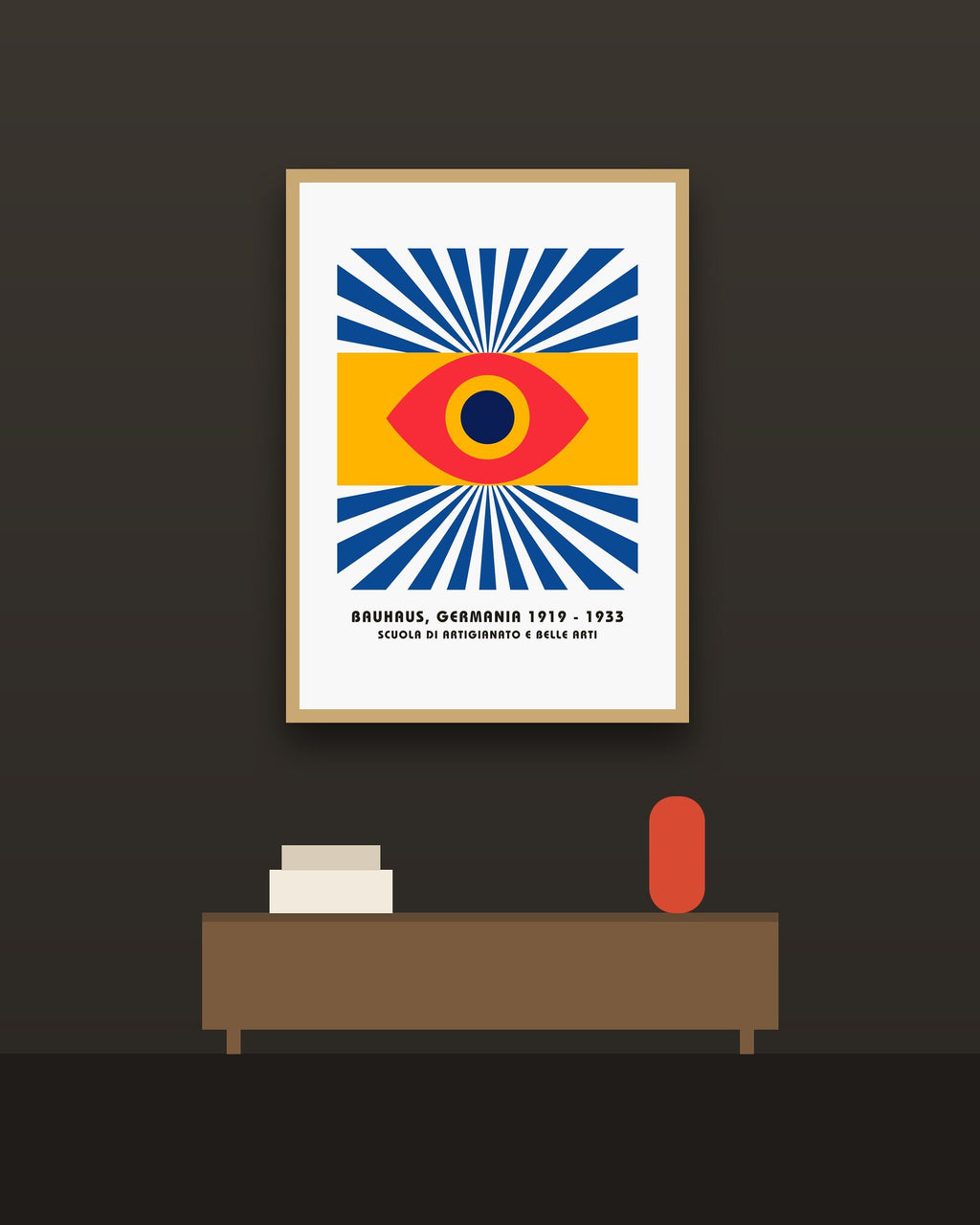 Bauhaus 3 en una pared oscura con marco de kiri claro (imagen ilustrativa)