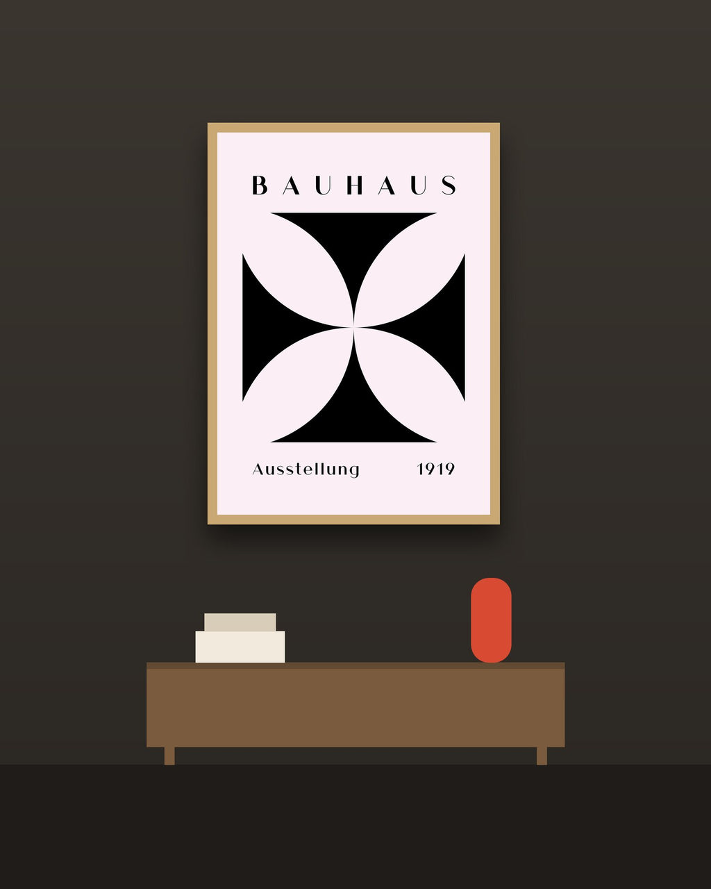 Bauhaus 5 en una pared oscura con marco de kiri claro (imagen ilustrativa)