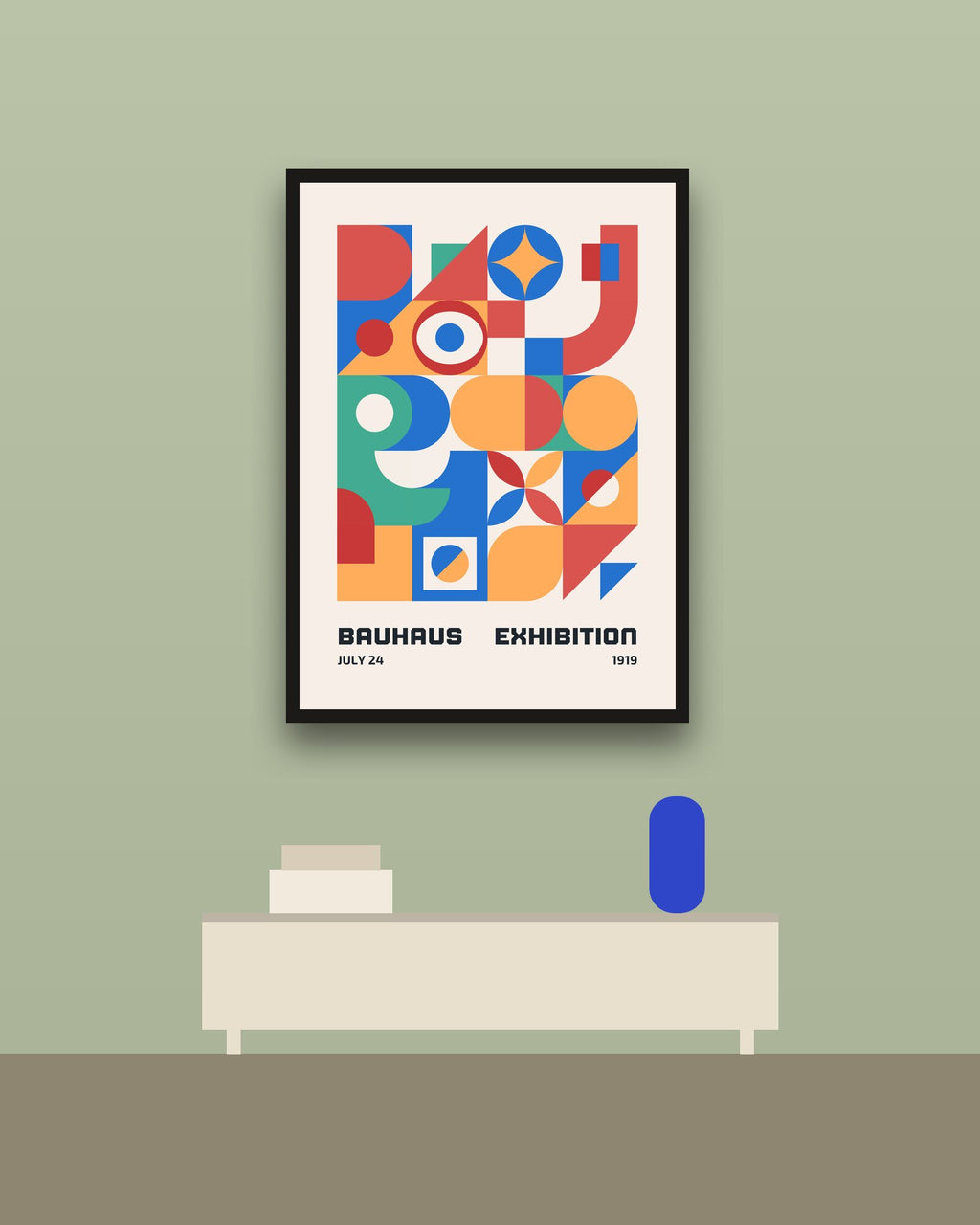 Bauhaus 11 en una pared verde con marco negro (imagen ilustrativa)