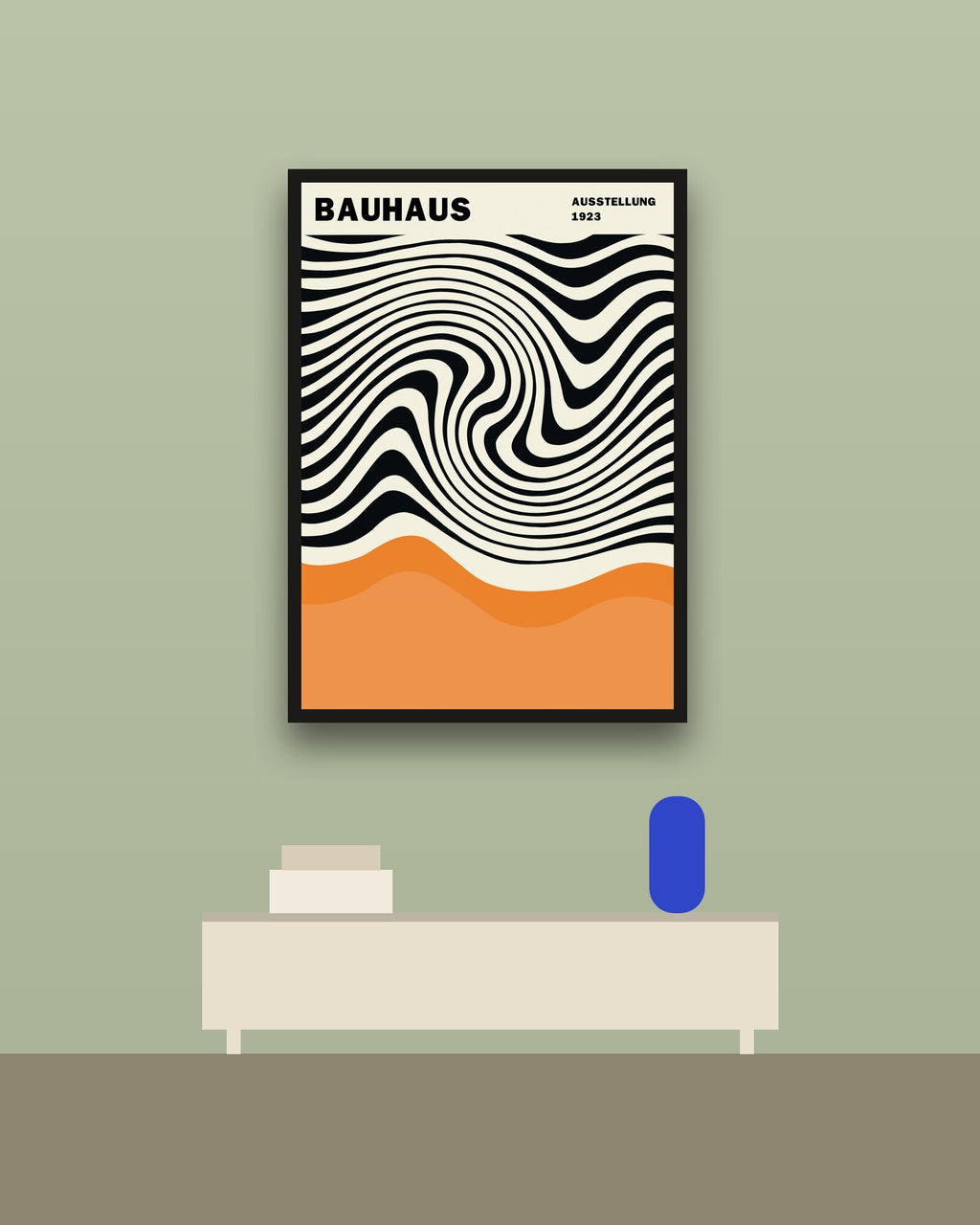 Bauhaus Ausstellung en una pared verde con marco negro (imagen ilustrativa)