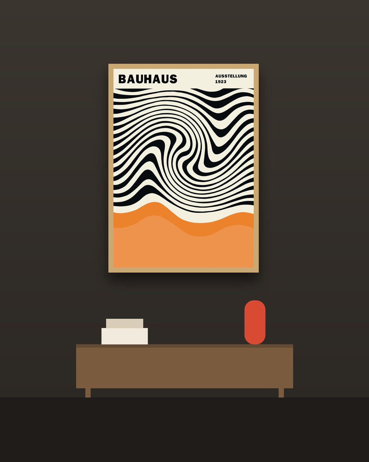 Bauhaus Ausstellung en una pared oscura con marco de kiri claro (imagen ilustrativa)