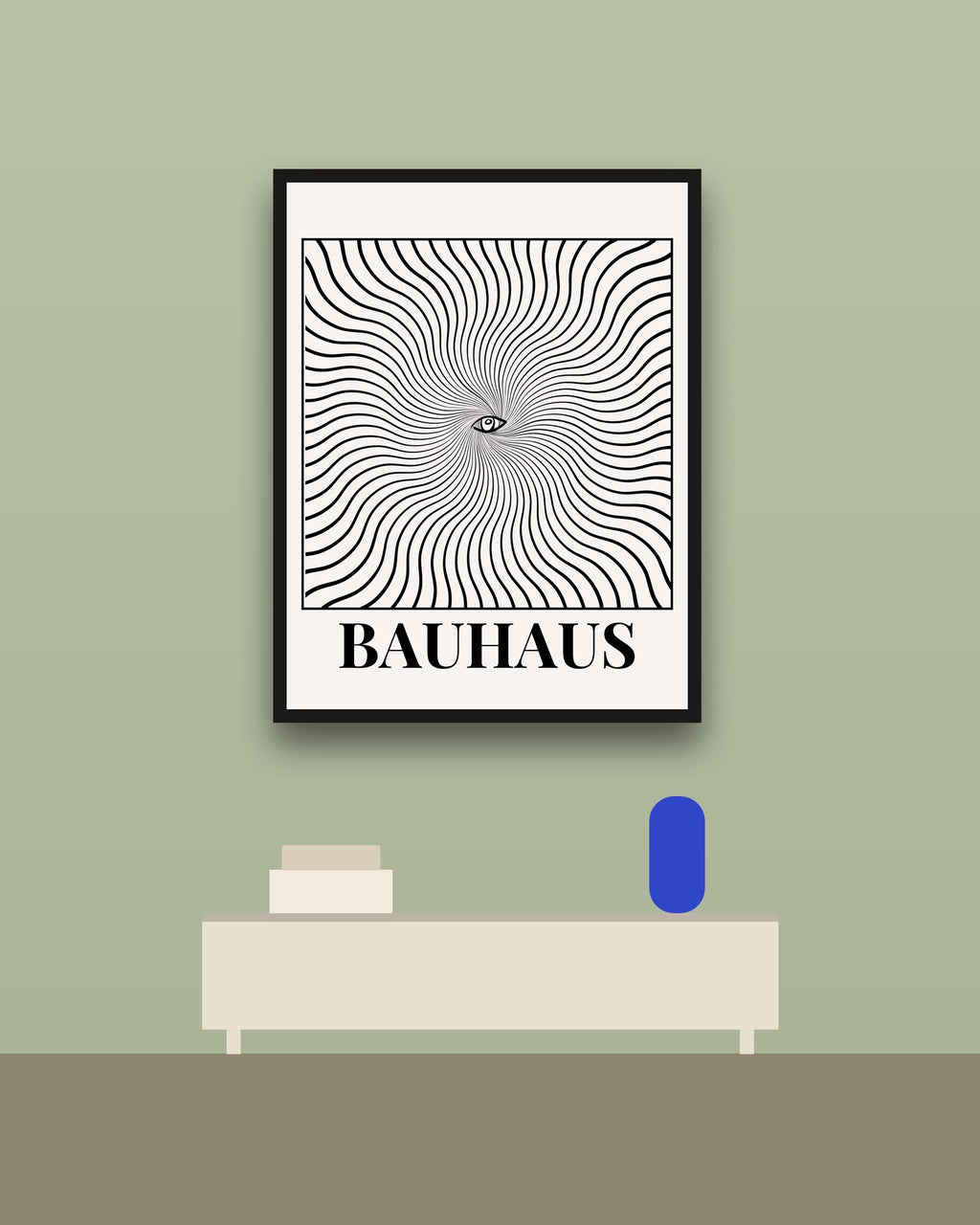 Bauhaus Espiral en una pared verde con marco negro (imagen ilustrativa)