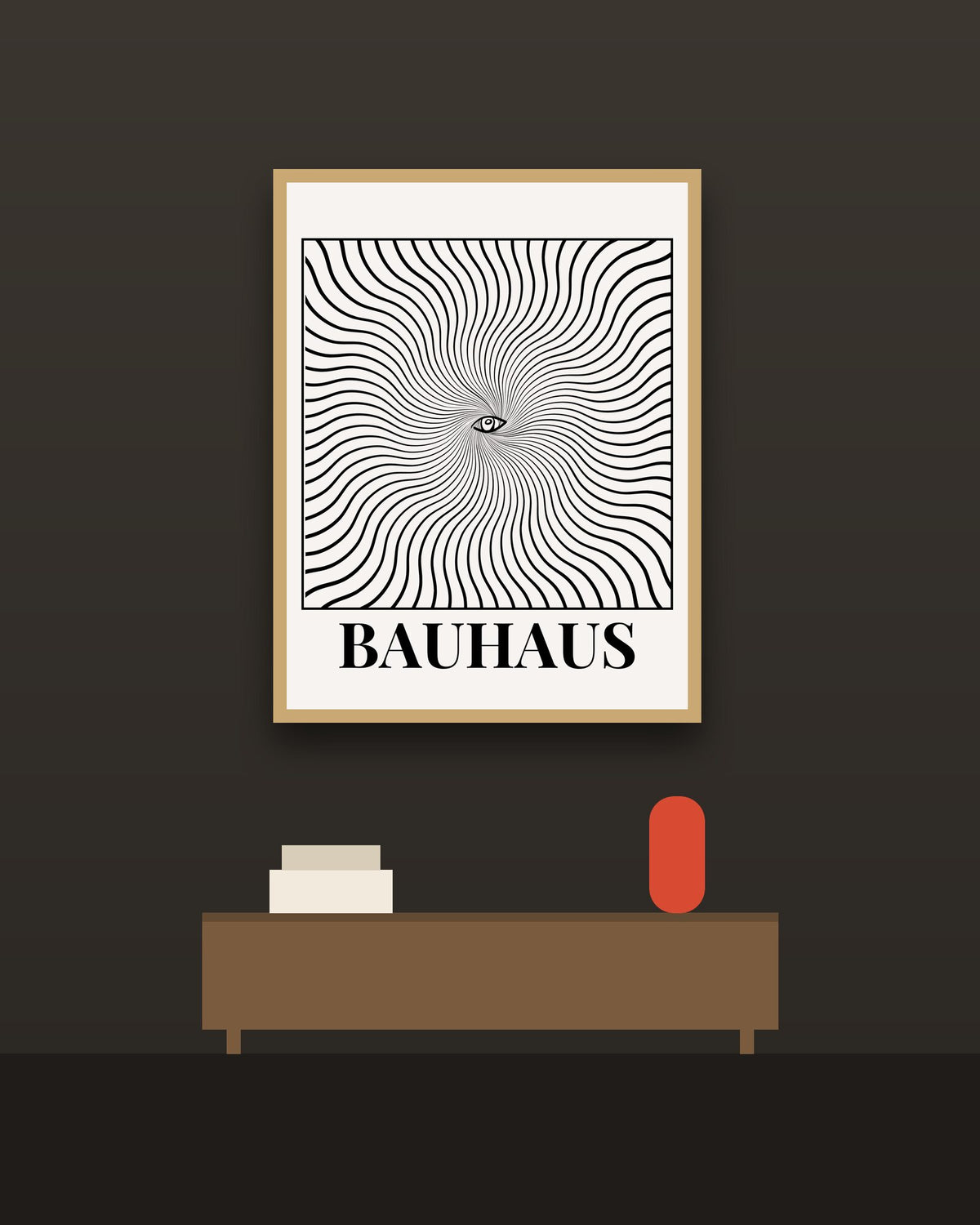 Bauhaus Espiral en una pared oscura con marco de kiri claro (imagen ilustrativa)