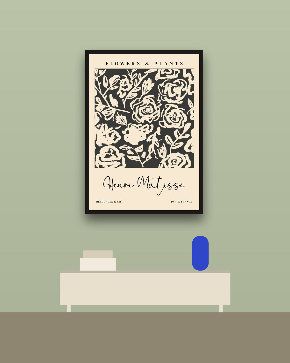 Matisse, Flowers and Plants en una pared verde con marco negro (imagen ilustrativa)