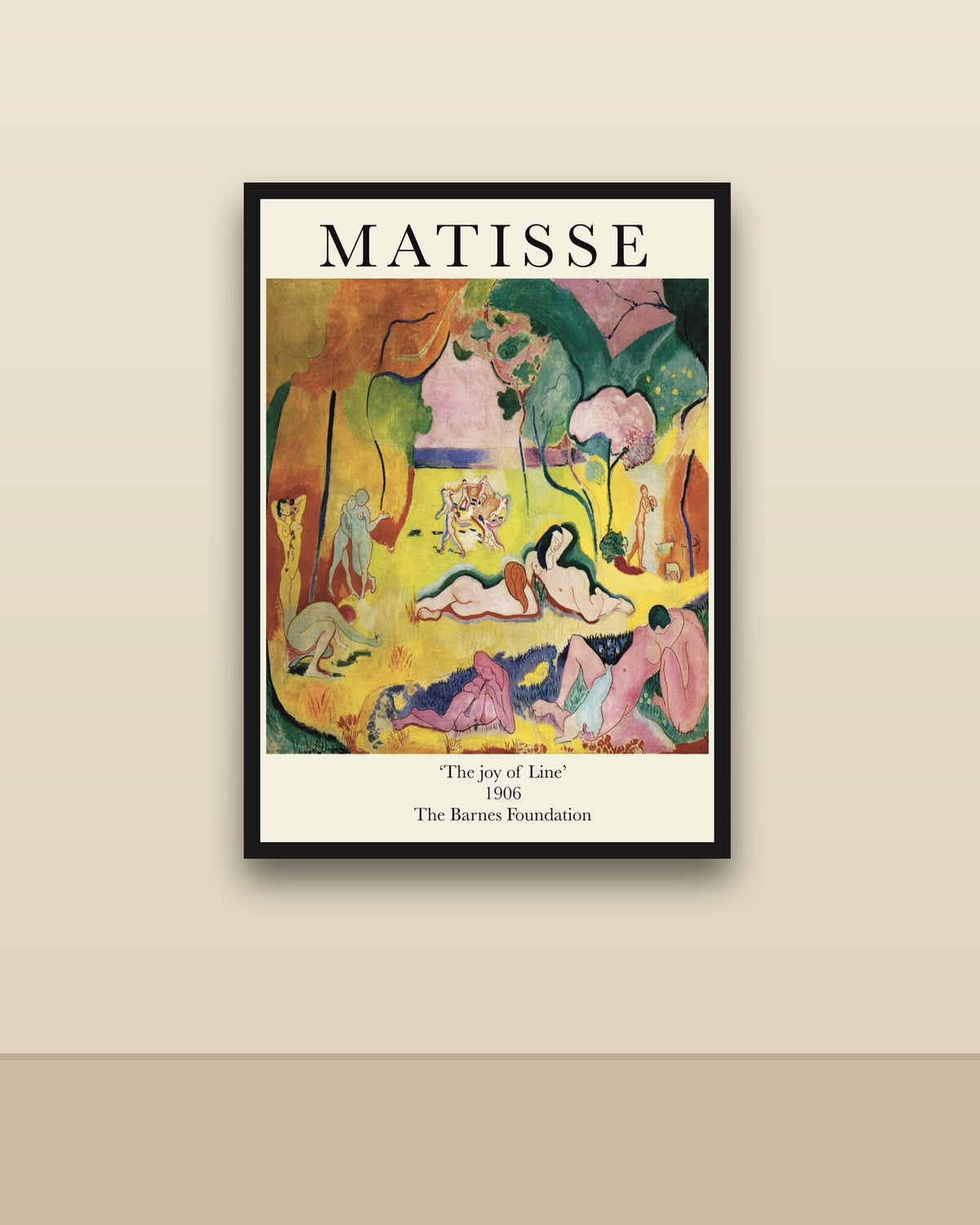 Matisse, La alegría de vivir en una pared clara con marco negro (imagen ilustrativa)