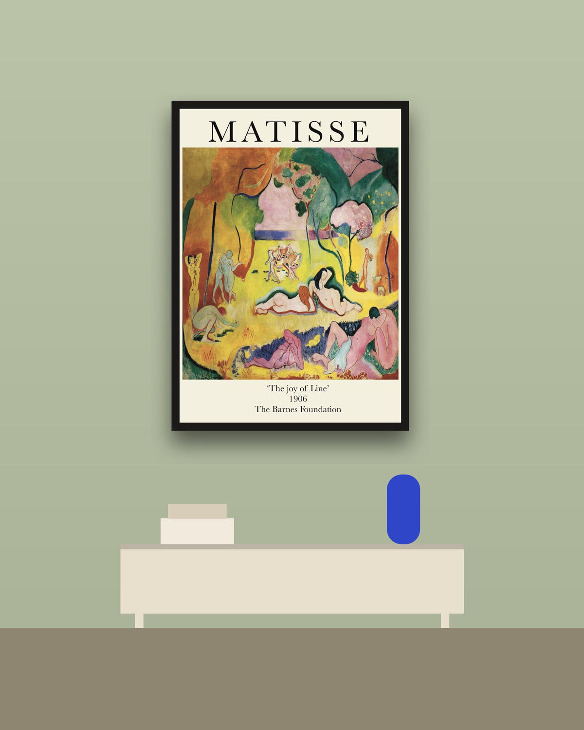 Matisse, La alegría de vivir en una pared verde con marco negro (imagen ilustrativa)