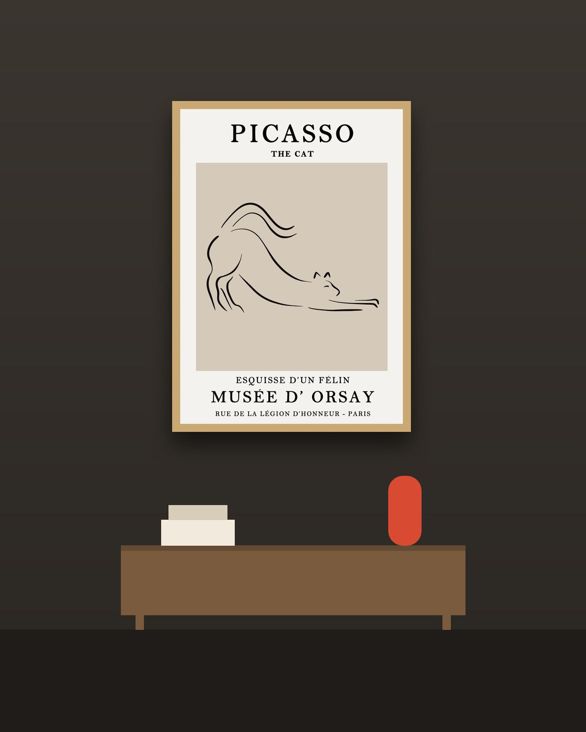 Picasso, El gato en una pared oscura con marco de kiri claro (imagen ilustrativa)