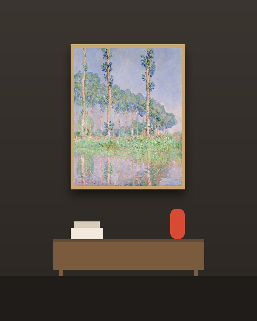 Álamos en una pared oscura con marco de kiri claro (imagen ilustrativa)