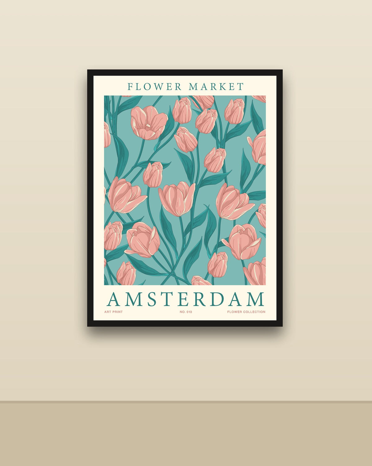 Flower Market Ámsterdam en una pared clara con marco negro (imagen ilustrativa)