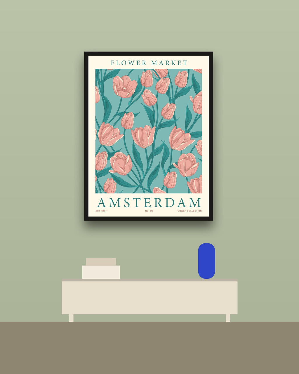 Flower Market Ámsterdam en una pared verde con marco negro (imagen ilustrativa)