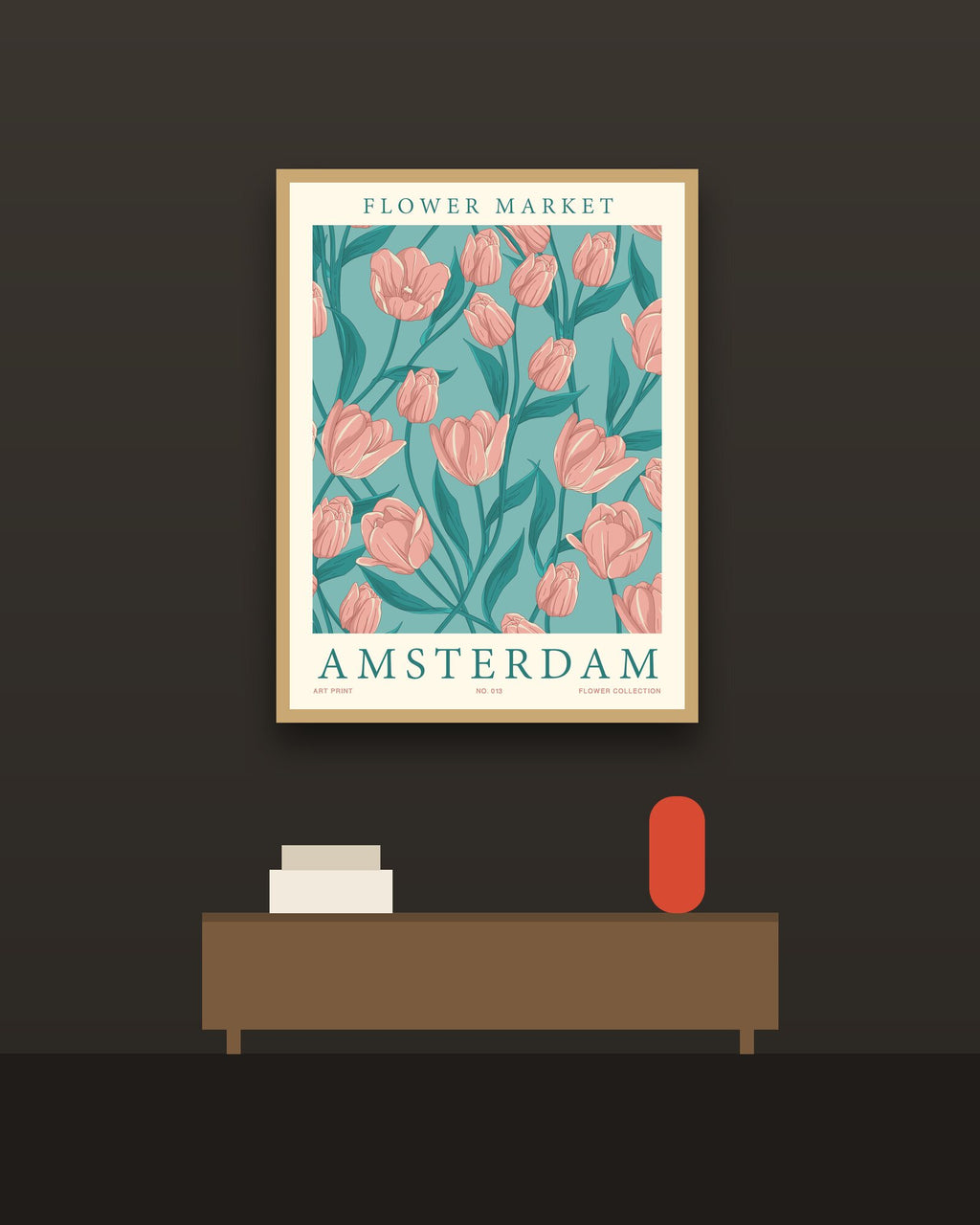 Flower Market Ámsterdam en una pared oscura con marco de kiri claro (imagen ilustrativa)