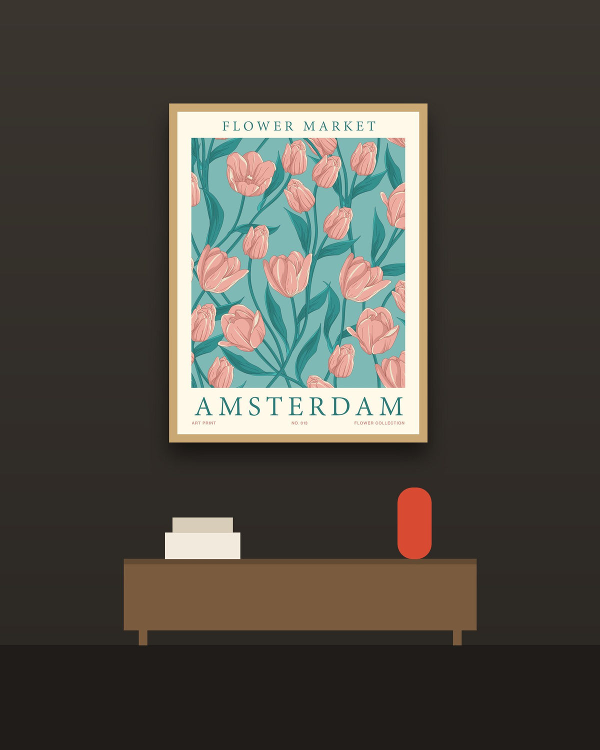 Flower Market Ámsterdam en una pared oscura con marco de kiri claro (imagen ilustrativa)