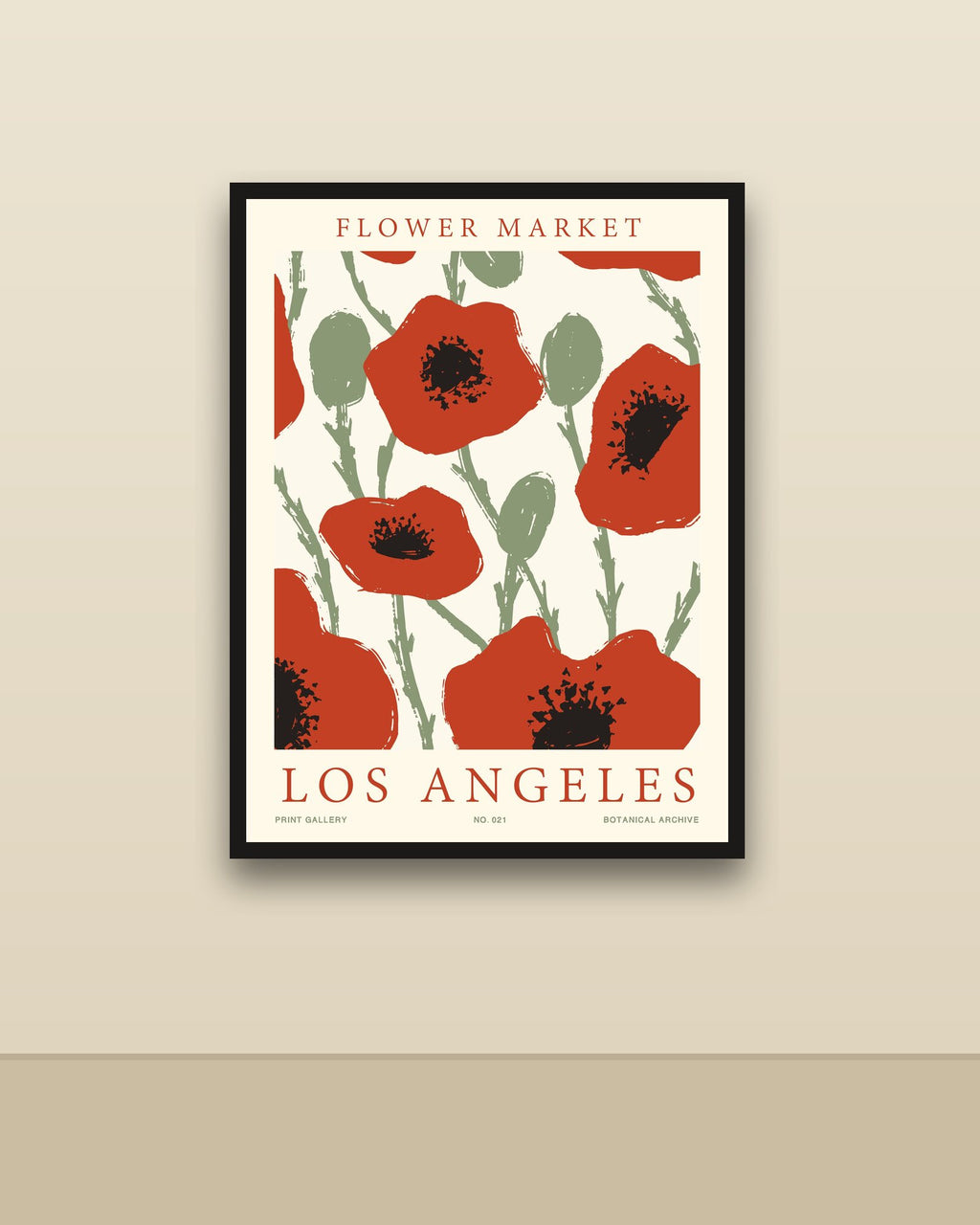 Flower Market Los Ángeles en una pared clara con marco negro (imagen ilustrativa)