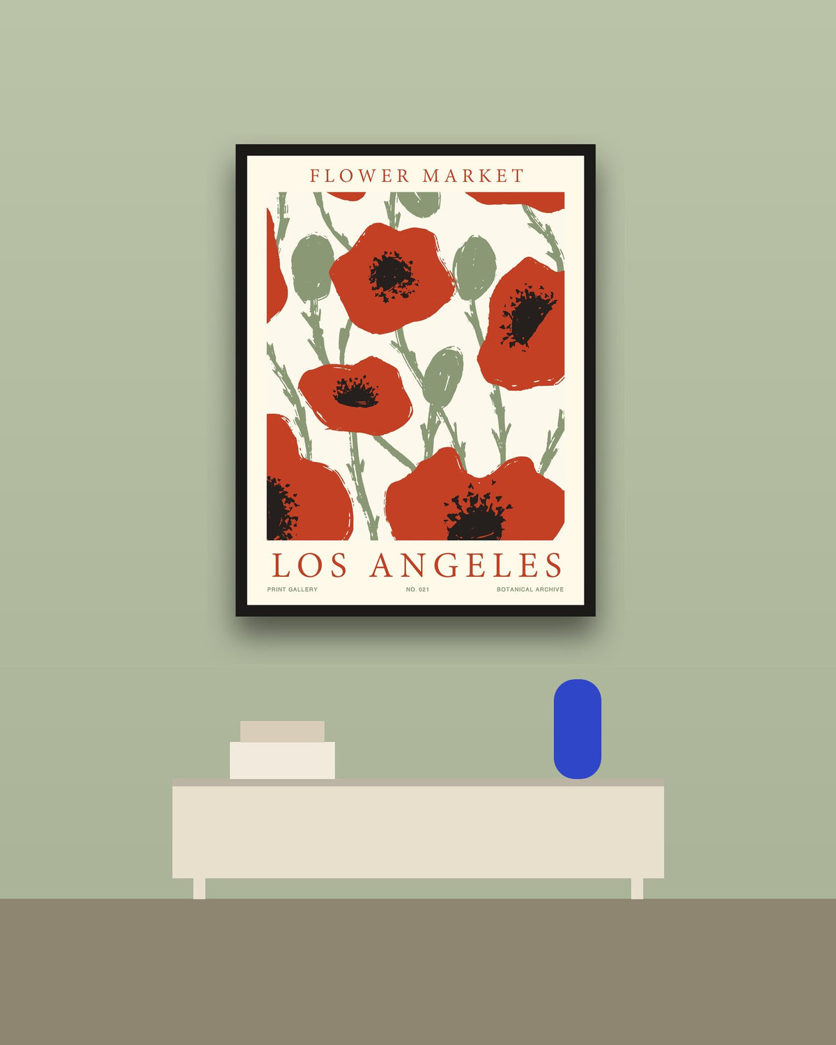 Flower Market Los Ángeles en una pared verde con marco negro (imagen ilustrativa)