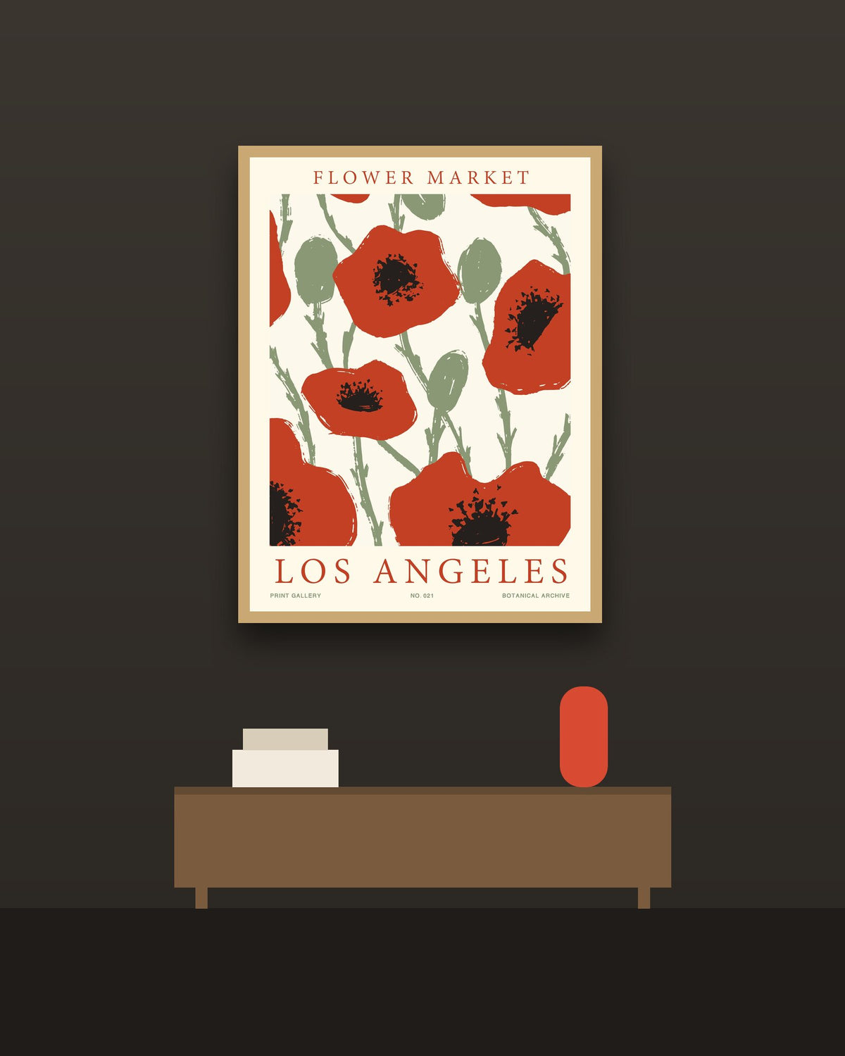 Flower Market Los Ángeles en una pared oscura con marco de kiri claro (imagen ilustrativa)