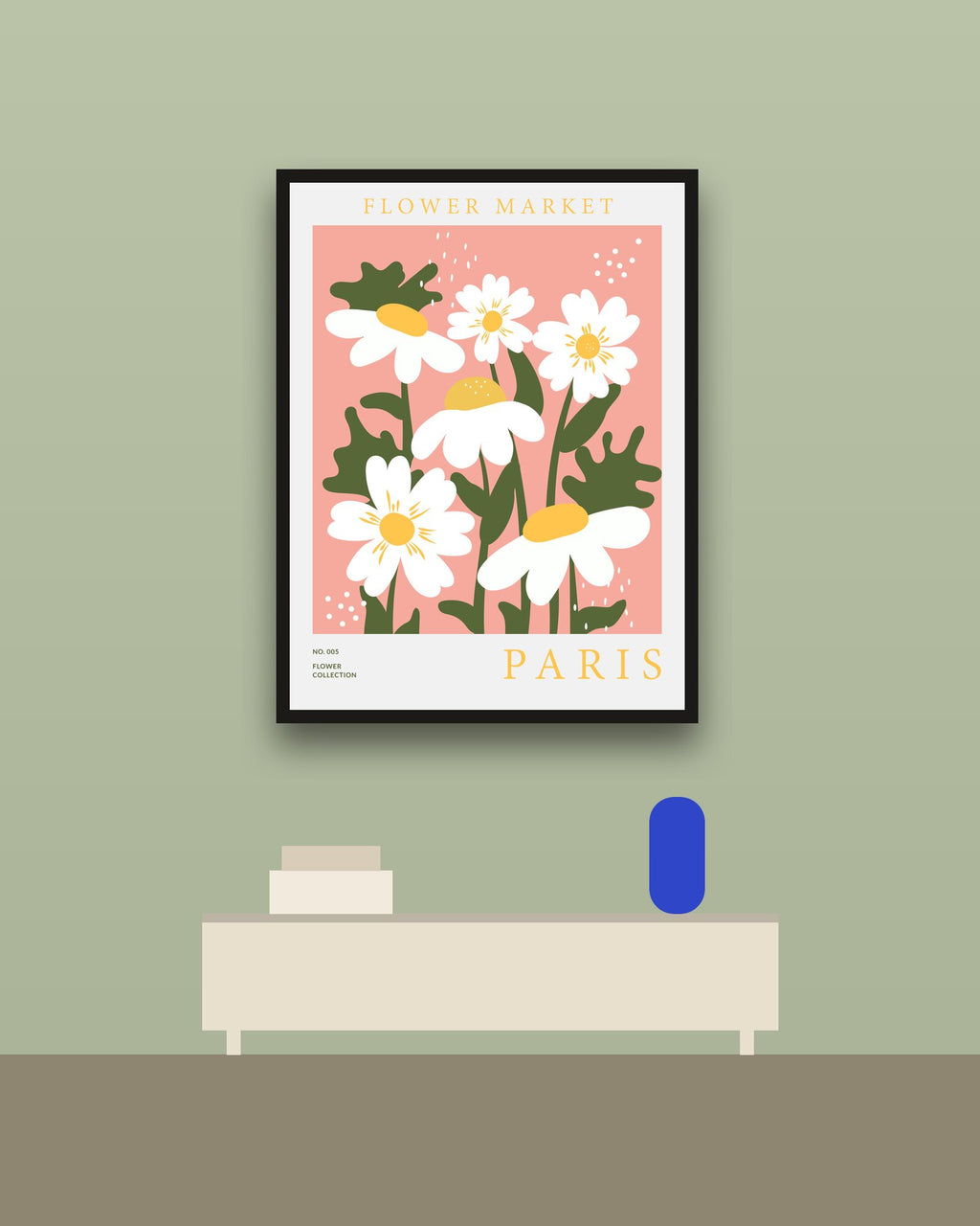 Flower Market París en una pared verde con marco negro (imagen ilustrativa)