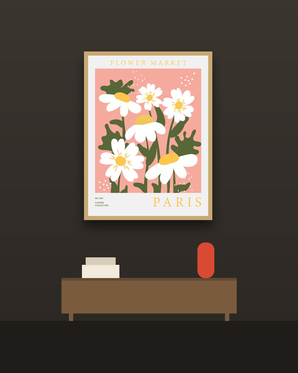 Flower Market París en una pared oscura con marco de kiri claro (imagen ilustrativa)