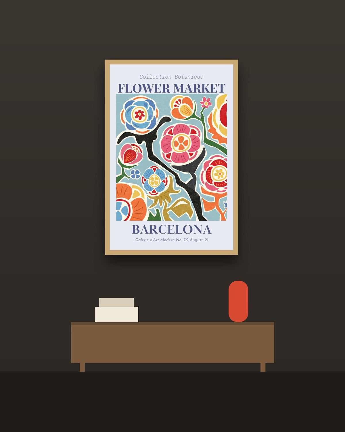 Flower Market Barcelona en una pared oscura con marco de kiri claro (imagen ilustrativa)