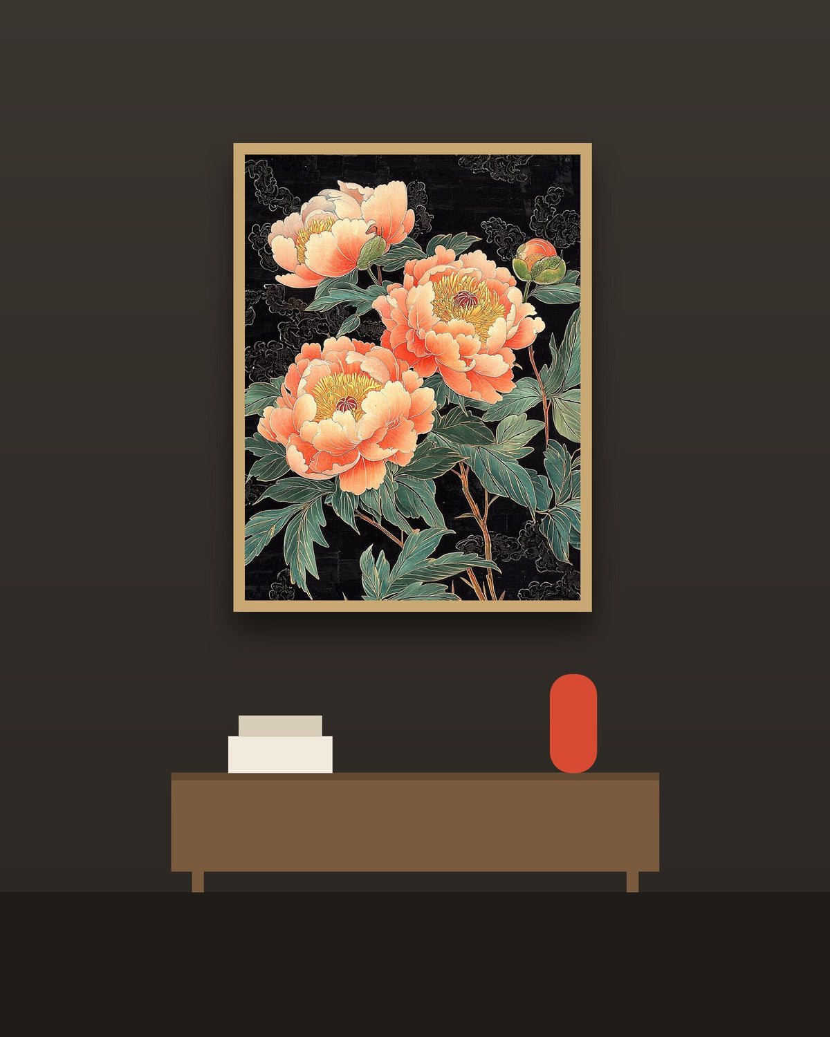 Peonías en una pared oscura con marco de kiri claro (imagen ilustrativa)