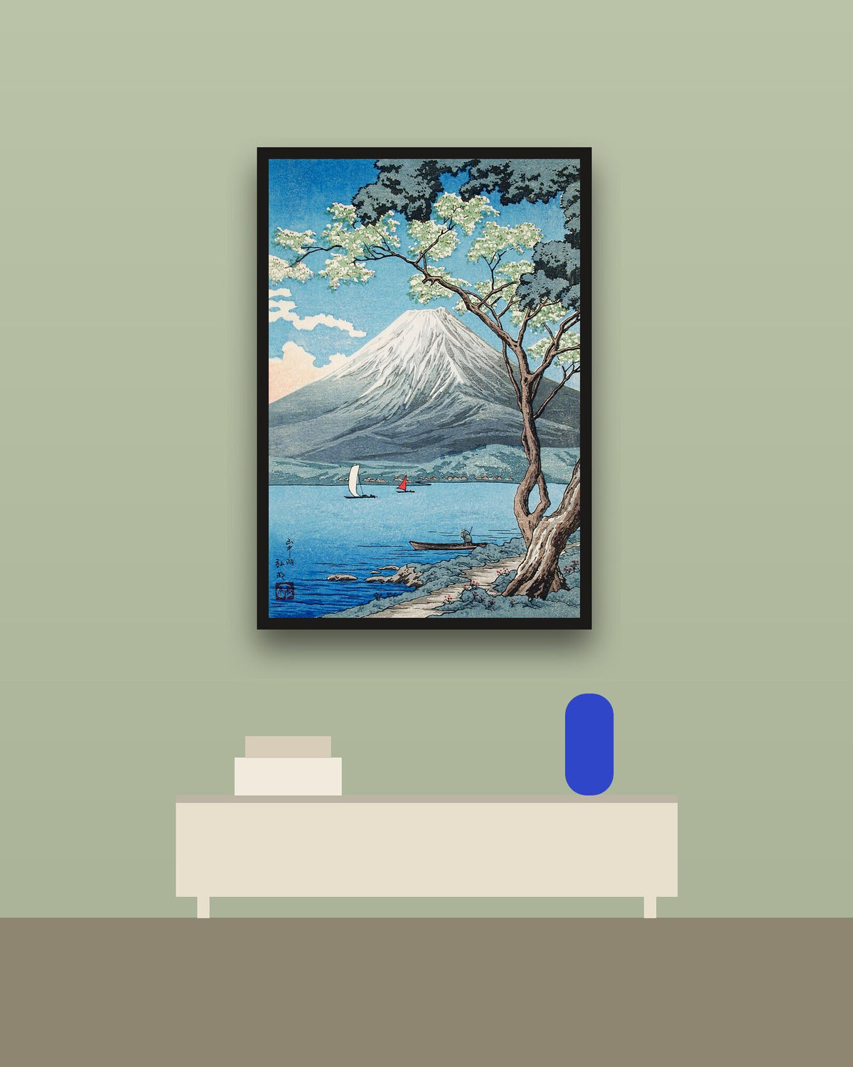 Fuji desde el lago en una pared verde con marco negro (imagen ilustrativa)