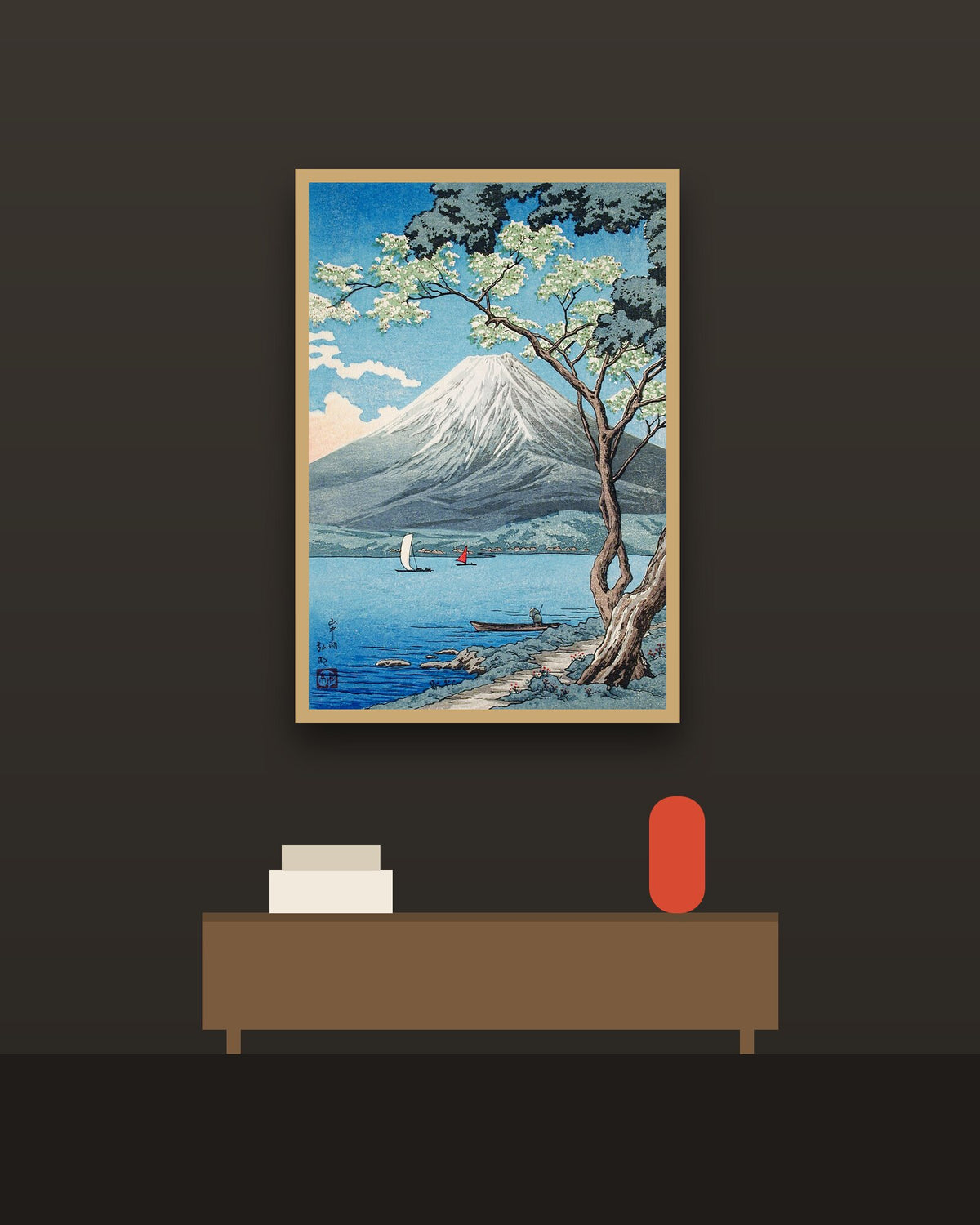Fuji desde el lago en una pared oscura con marco de kiri claro (imagen ilustrativa)