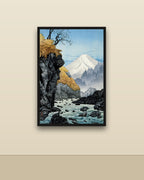 Fuji y el río en una pared clara con marco negro (imagen ilustrativa)