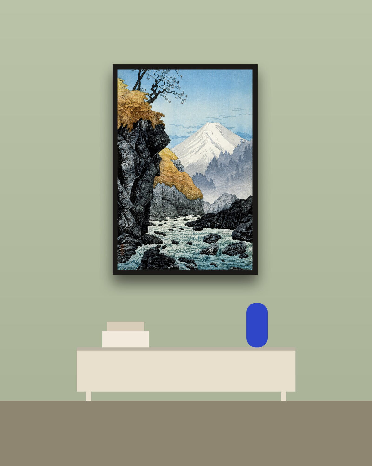 Fuji y el río en una pared verde con marco negro (imagen ilustrativa)