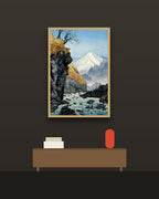Fuji y el río en una pared oscura con marco de kiri claro (imagen ilustrativa)