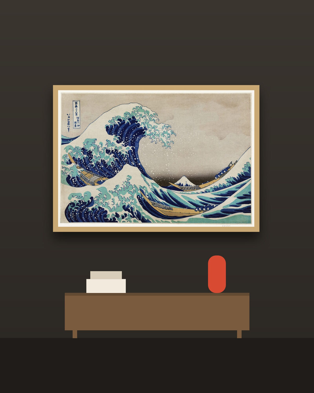 La Gran Ola en una pared oscura con marco de kiri claro (imagen ilustrativa)