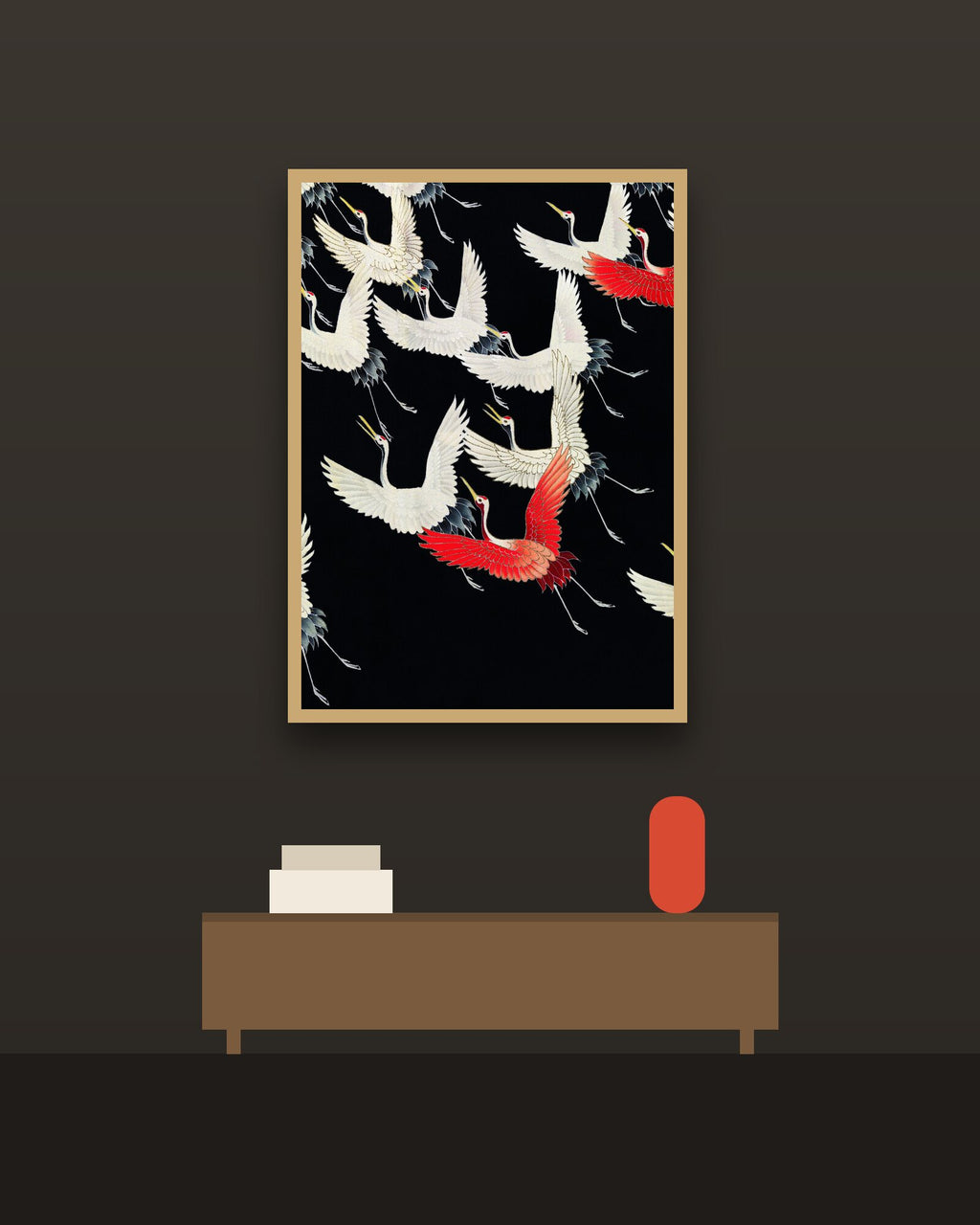 Grullas en vuelo en una pared oscura con marco de kiri claro (imagen ilustrativa)