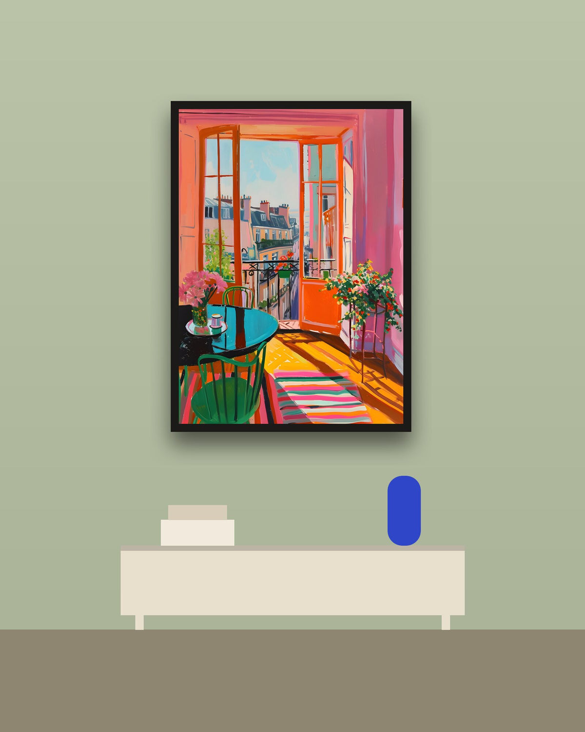 Balcón de colores en una pared verde con marco negro (imagen ilustrativa)