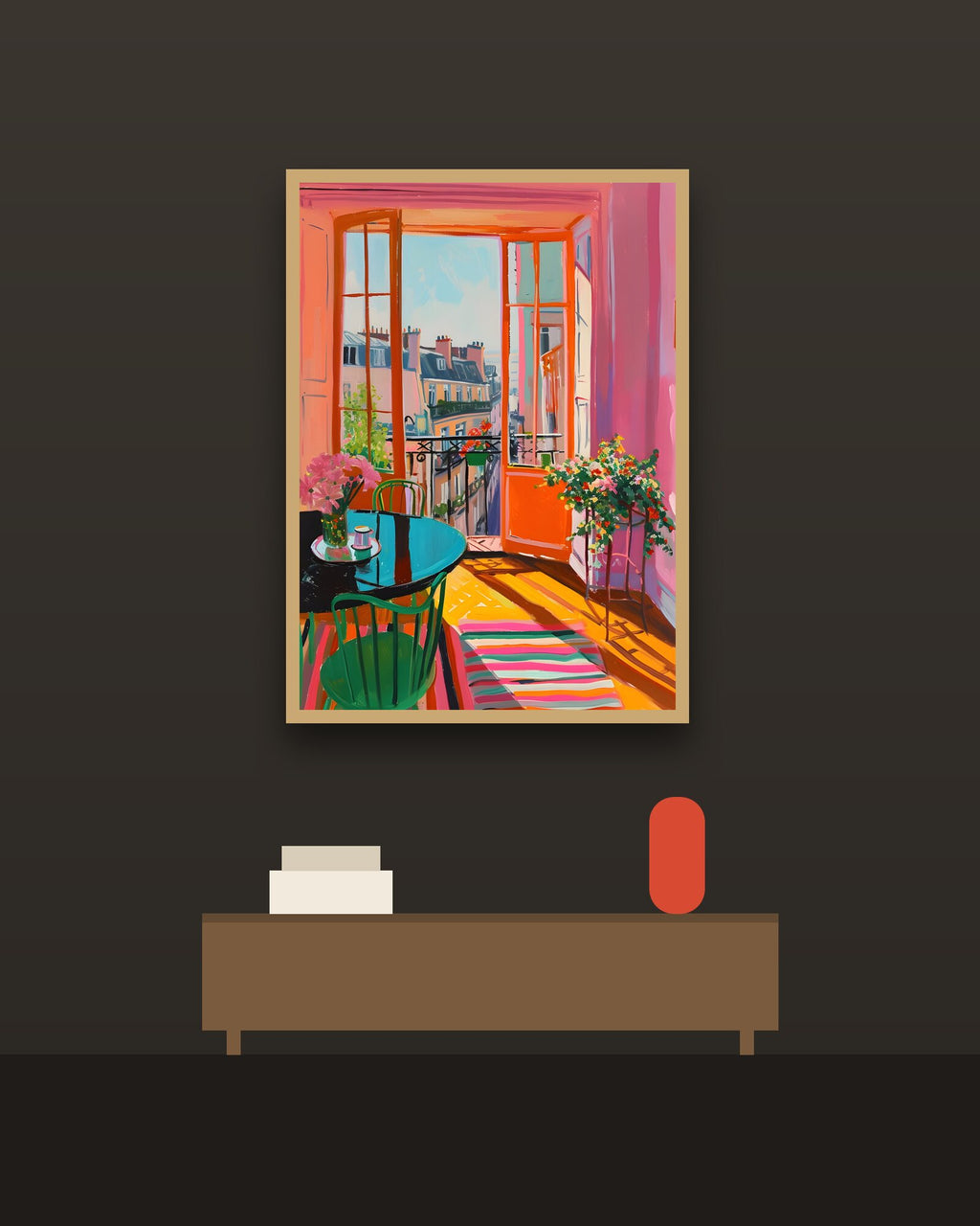 Balcón de colores en una pared oscura con marco de kiri claro (imagen ilustrativa)
