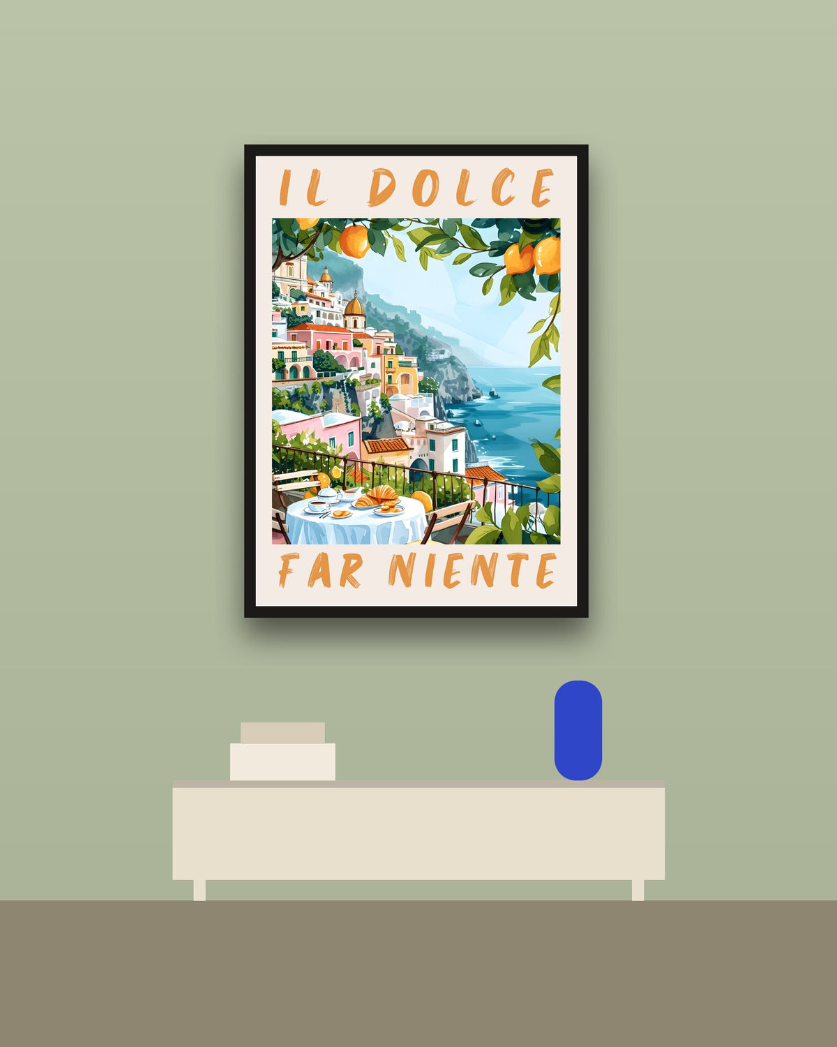 Il dolce far niente en una pared verde con marco negro (imagen ilustrativa)