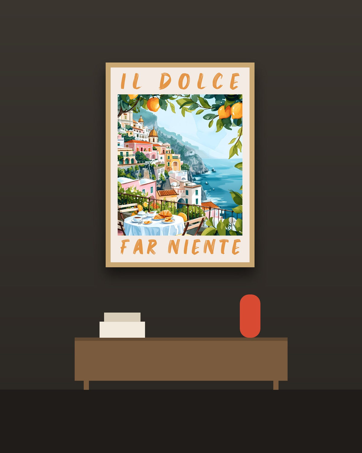 Il dolce far niente en una pared oscura con marco de kiri claro (imagen ilustrativa)