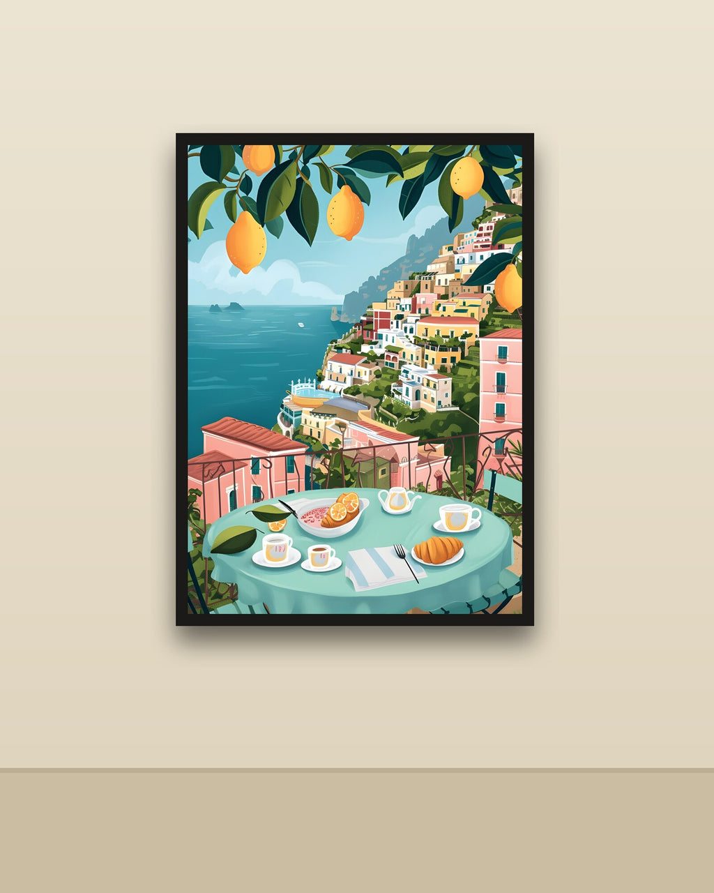 Desayuno en Amalfi en una pared clara con marco negro (imagen ilustrativa)
