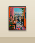 Ventana a París en una pared clara con marco negro (imagen ilustrativa)