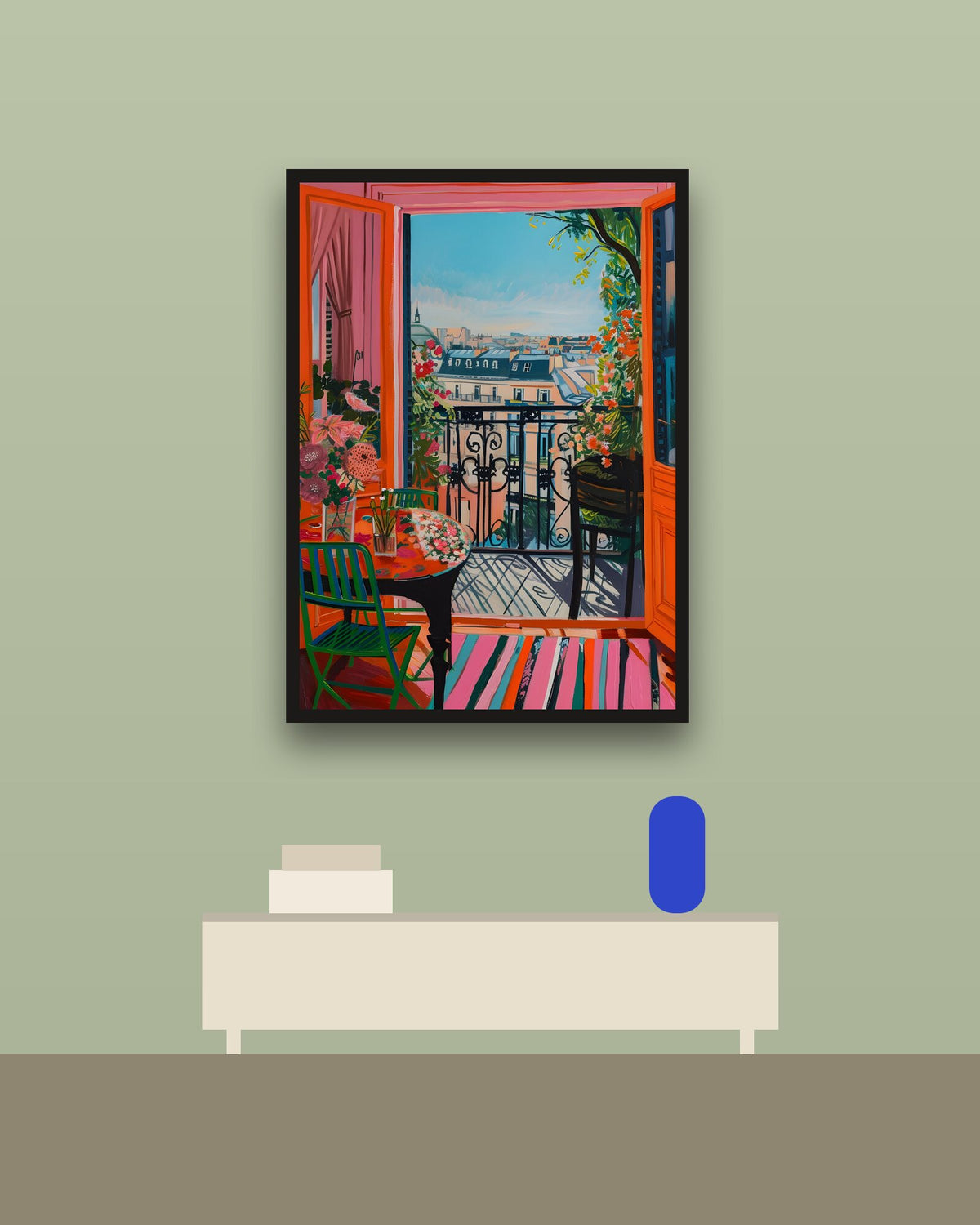 Ventana a París en una pared verde con marco negro (imagen ilustrativa)