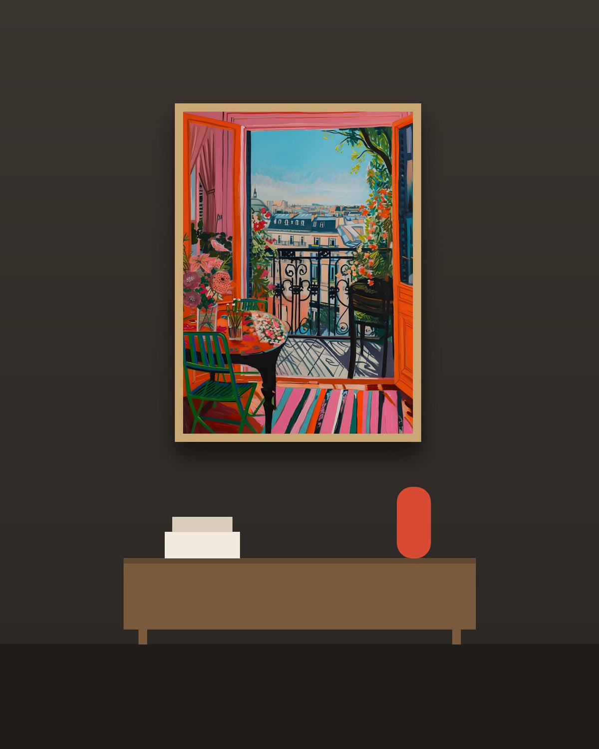 Ventana a París en una pared oscura con marco de kiri claro (imagen ilustrativa)
