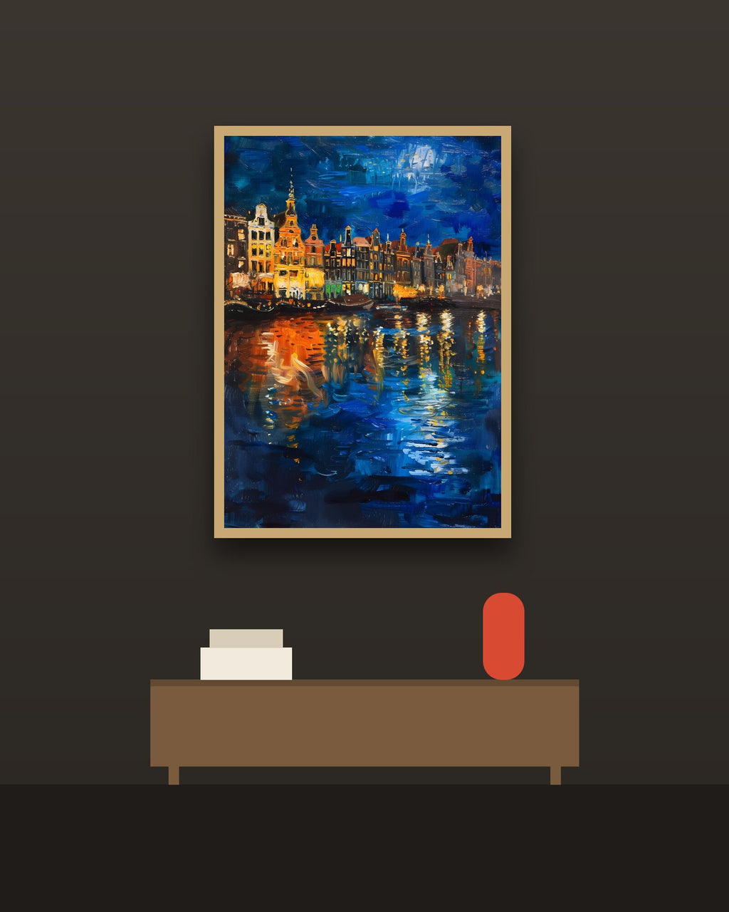 Noche en Ámsterdam en una pared oscura con marco de kiri claro (imagen ilustrativa)