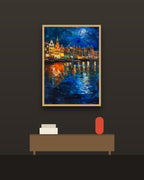 Noche en Ámsterdam en una pared oscura con marco de kiri claro (imagen ilustrativa)