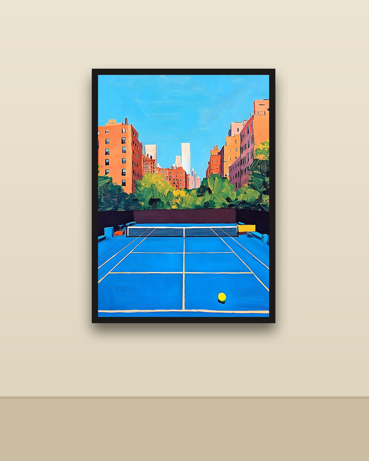Tenis en Nueva York en una pared clara con marco negro (imagen ilustrativa)