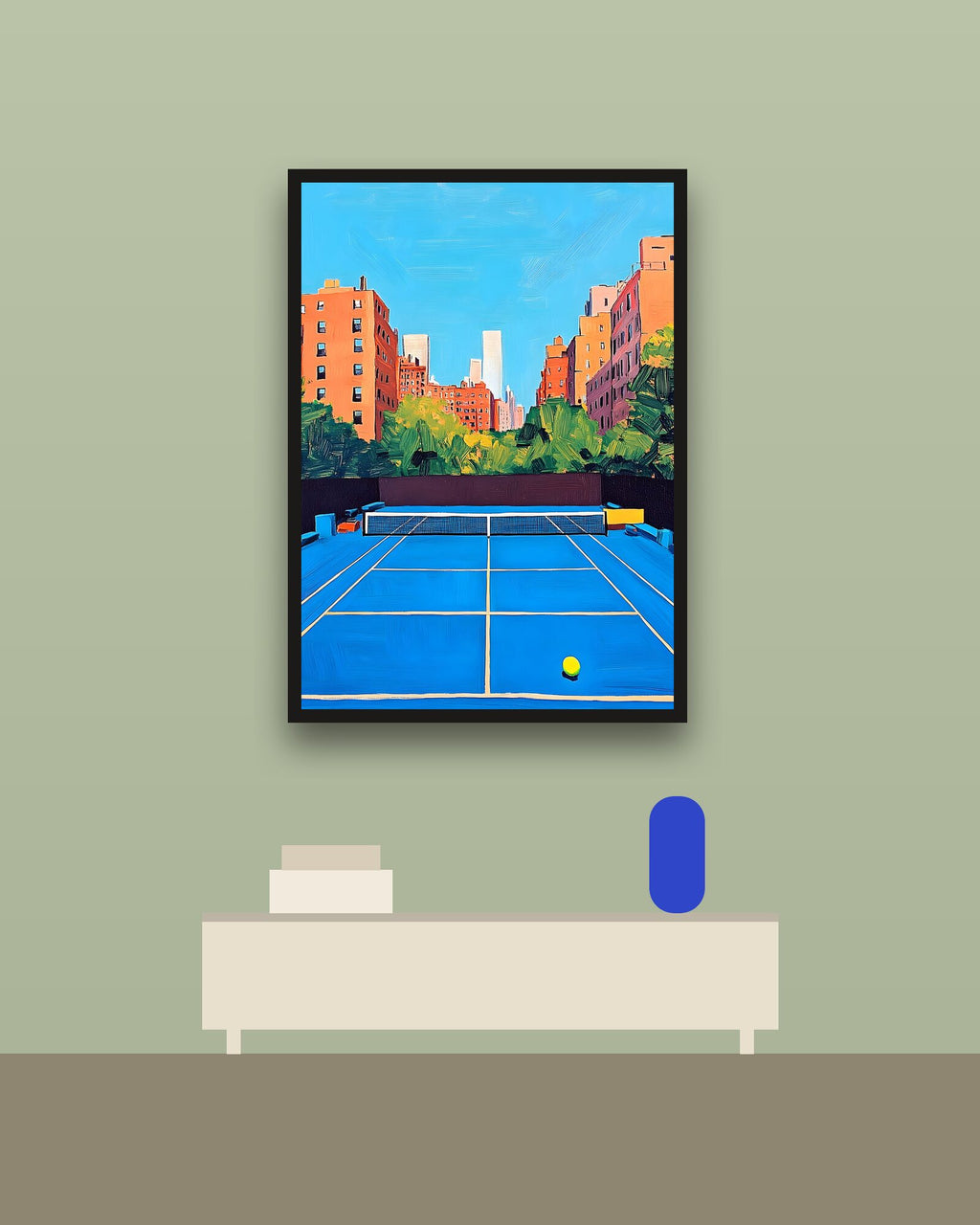 Tenis en Nueva York en una pared verde con marco negro (imagen ilustrativa)