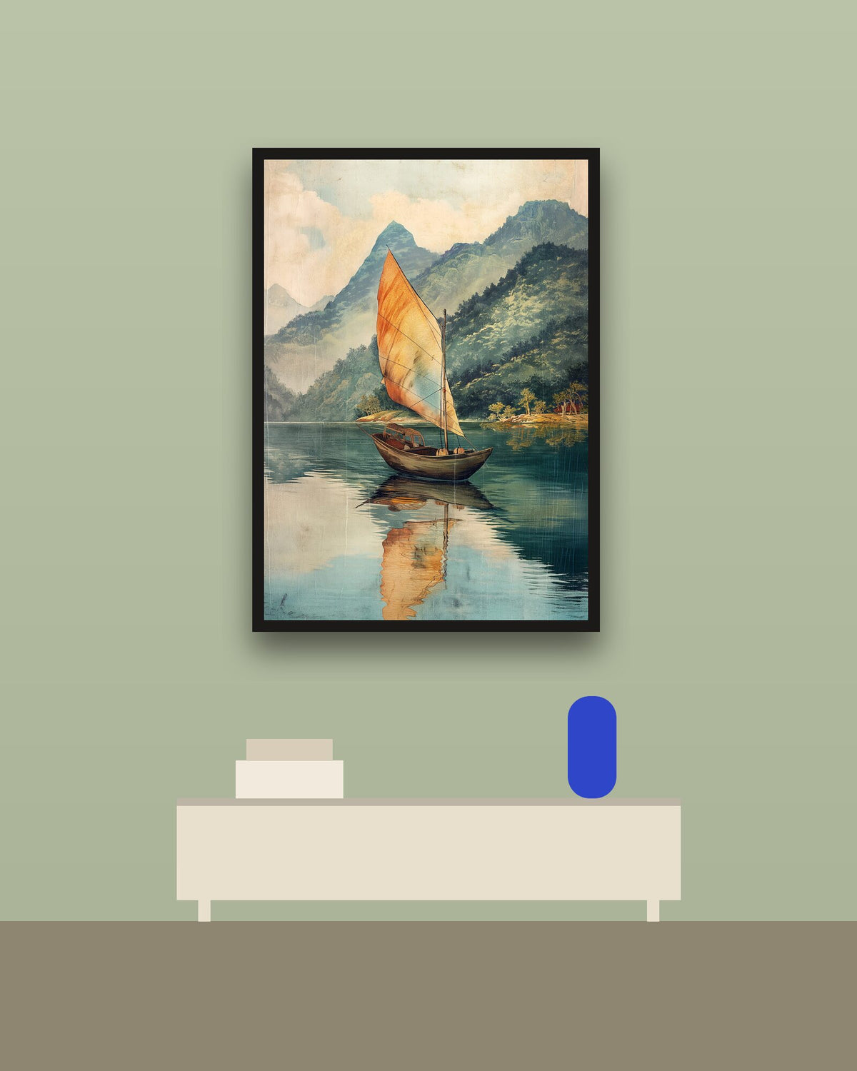 Velero en el lago en una pared verde con marco negro (imagen ilustrativa)