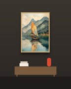 Velero en el lago en una pared oscura con marco de kiri claro (imagen ilustrativa)