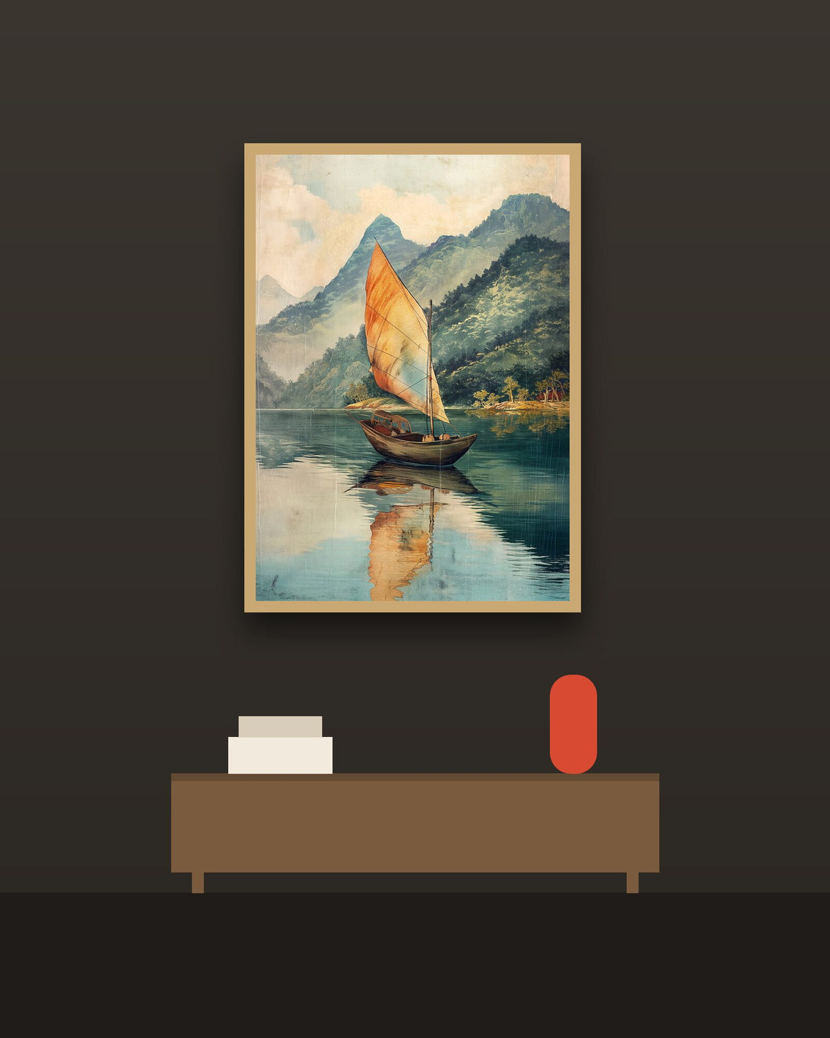 Velero en el lago en una pared oscura con marco de kiri claro (imagen ilustrativa)