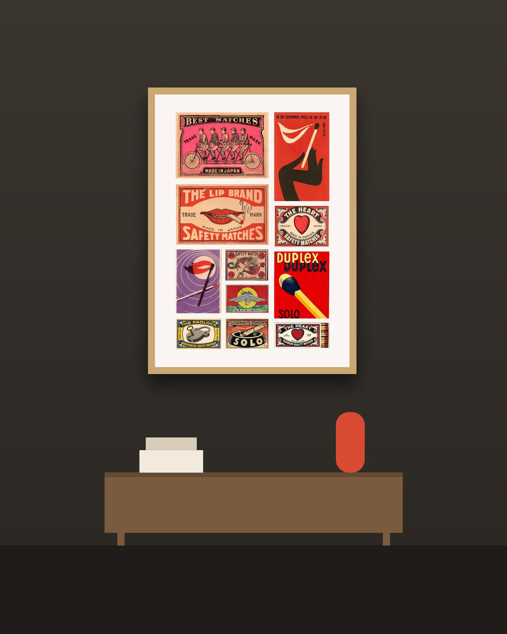 Cajas de fósforos en una pared oscura con marco de kiri claro (imagen ilustrativa)