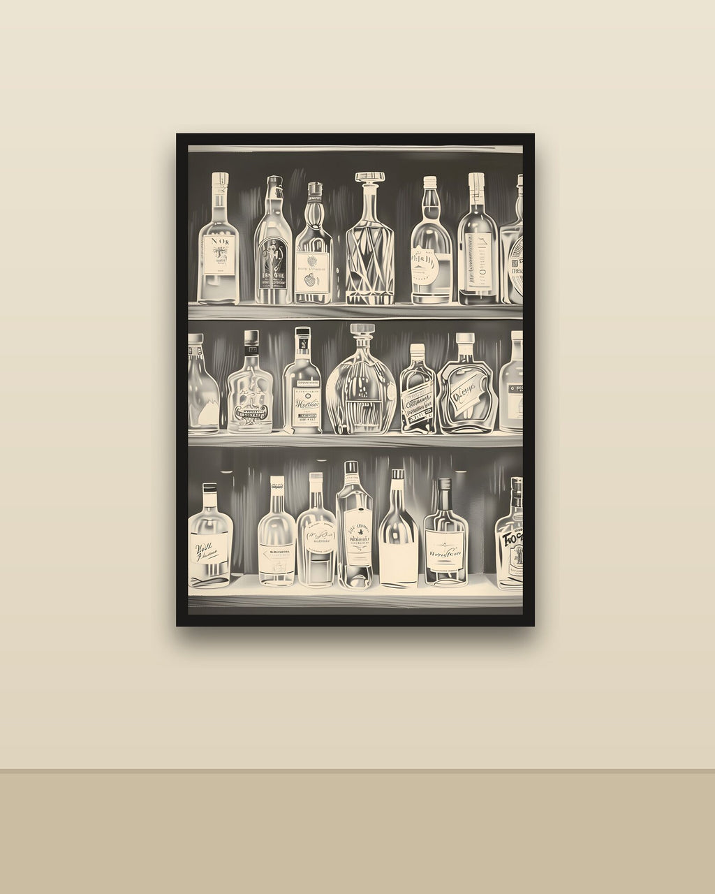 Estantería de botellas en una pared clara con marco negro (imagen ilustrativa)