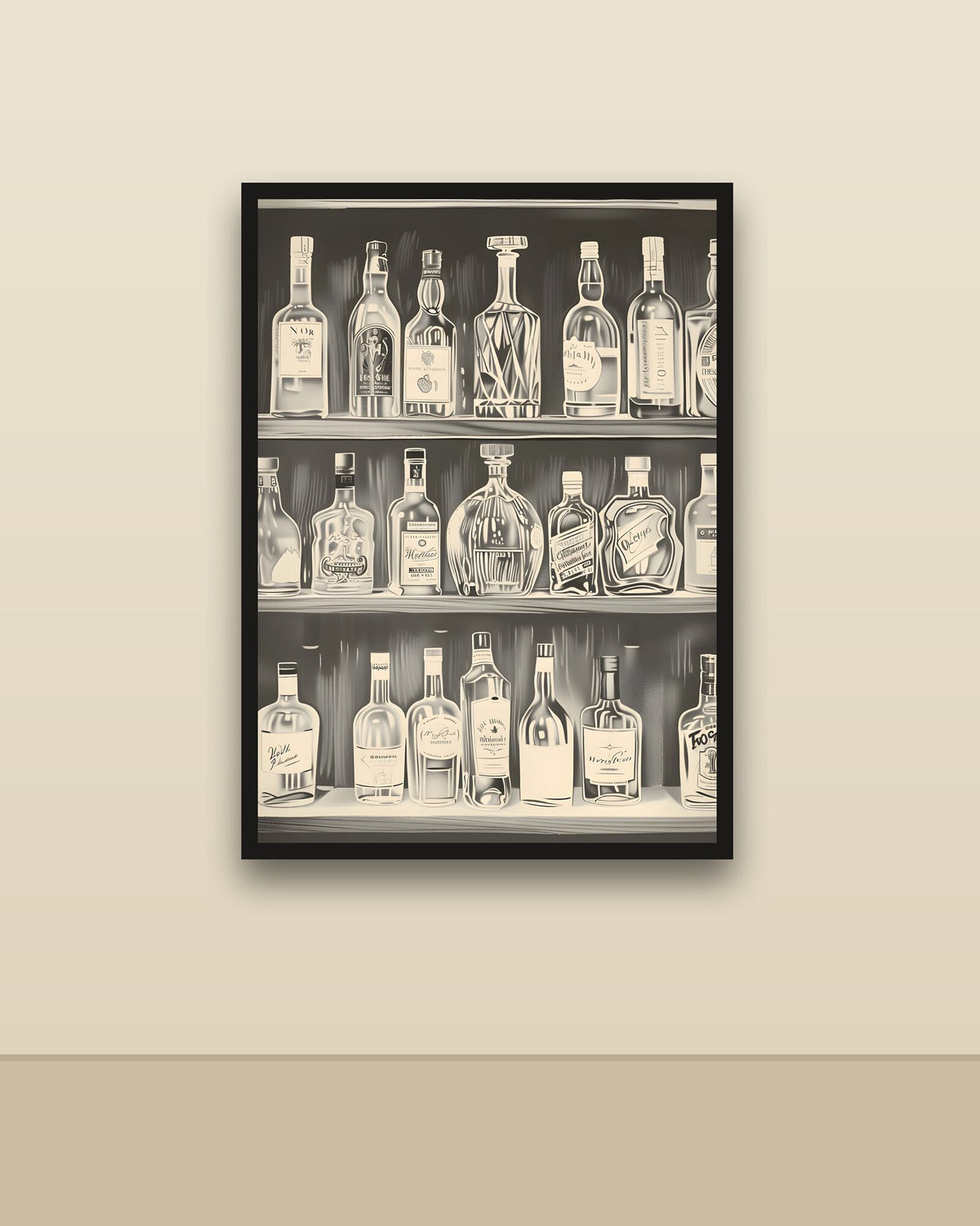 Estantería de botellas en una pared clara con marco negro (imagen ilustrativa)