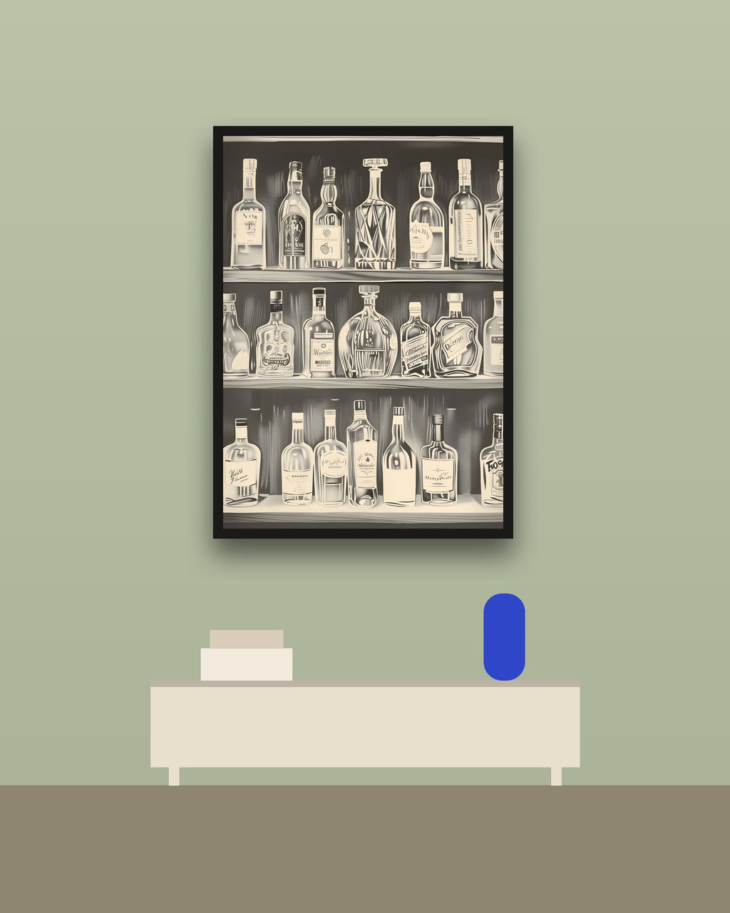 Estantería de botellas en una pared verde con marco negro (imagen ilustrativa)